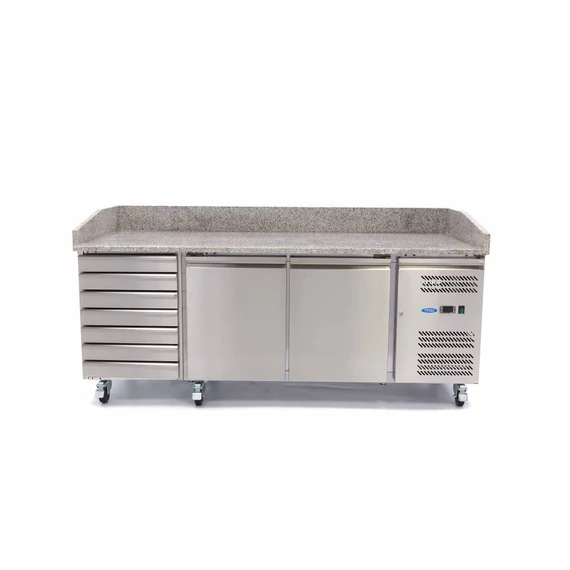 Pizza előkészítő hűtött munkaasztal 2 ajtóval - 202cm - 780L - 7 fiókos